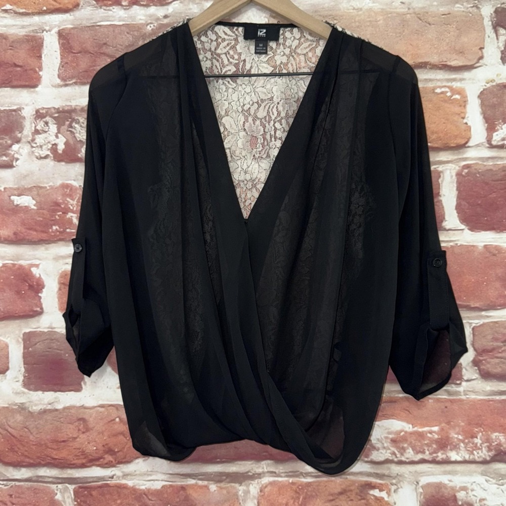 VTG IZ Amy Byer Top Women's M Black Sheer Surplice Wrap Front Lace Back Shirt